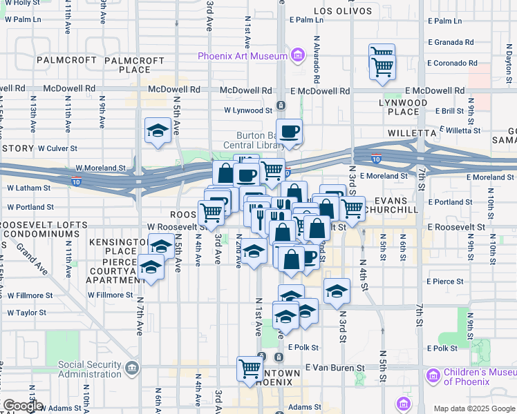 map of restaurants, bars, coffee shops, grocery stores, and more near 121 West Portland Street in Phoenix