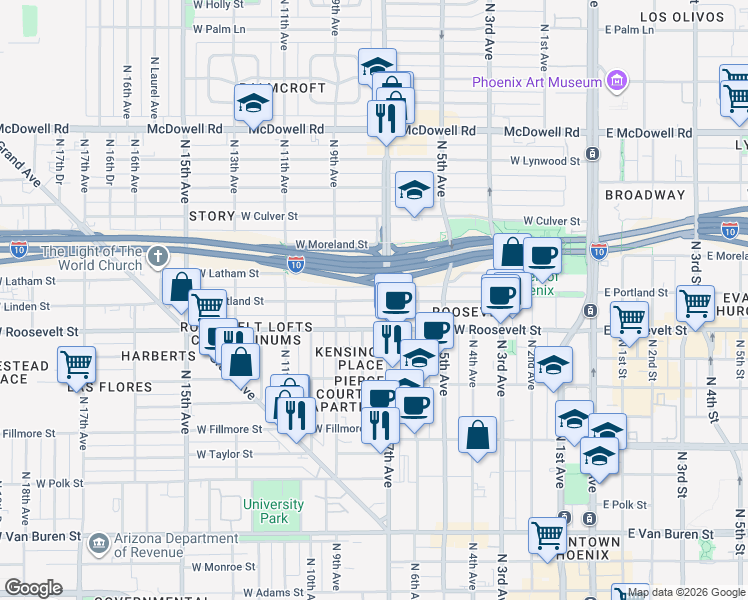 map of restaurants, bars, coffee shops, grocery stores, and more near in Phoenix