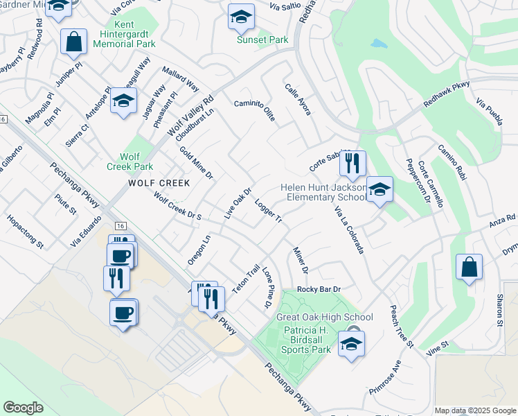 map of restaurants, bars, coffee shops, grocery stores, and more near 46027 Logger Trail in Temecula
