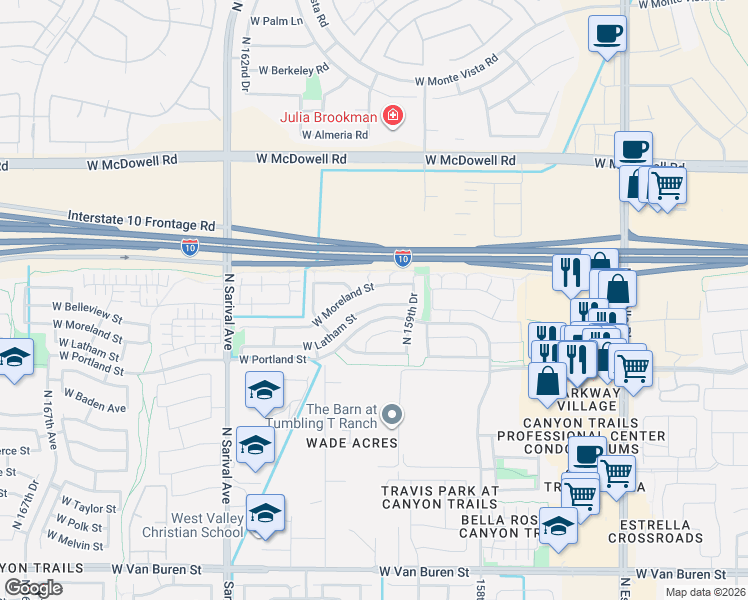 map of restaurants, bars, coffee shops, grocery stores, and more near 15964 West Linden Street in Goodyear