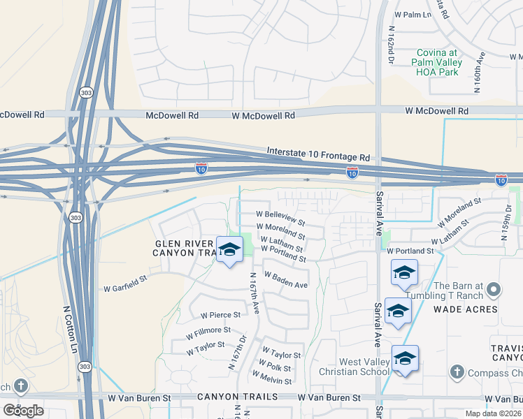 map of restaurants, bars, coffee shops, grocery stores, and more near 16642 West Moreland Street in Goodyear