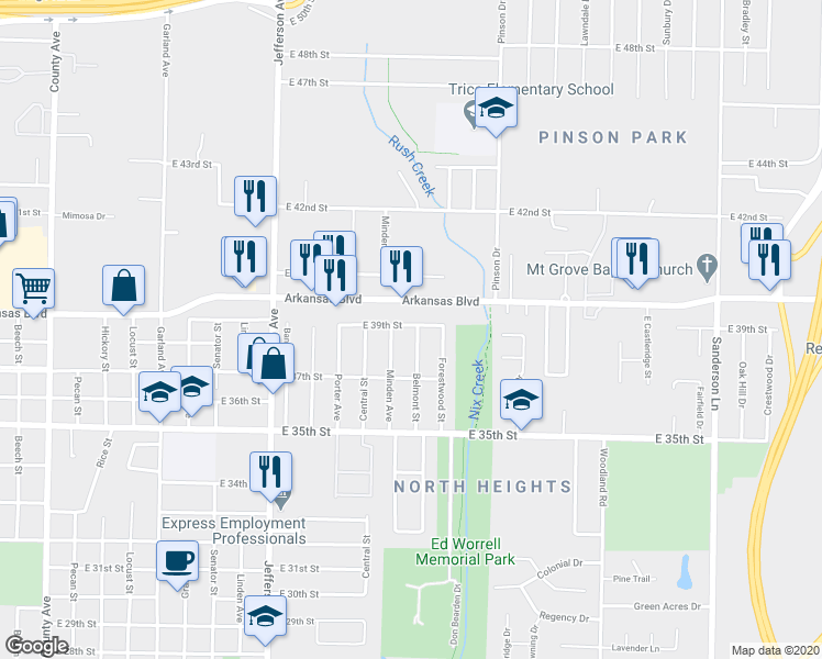 map of restaurants, bars, coffee shops, grocery stores, and more near 3715 East 39th Street in Texarkana