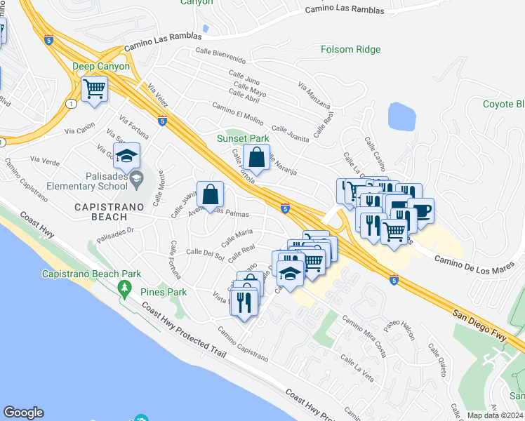 map of restaurants, bars, coffee shops, grocery stores, and more near 26951 Avenida Las Palmas in Dana Point