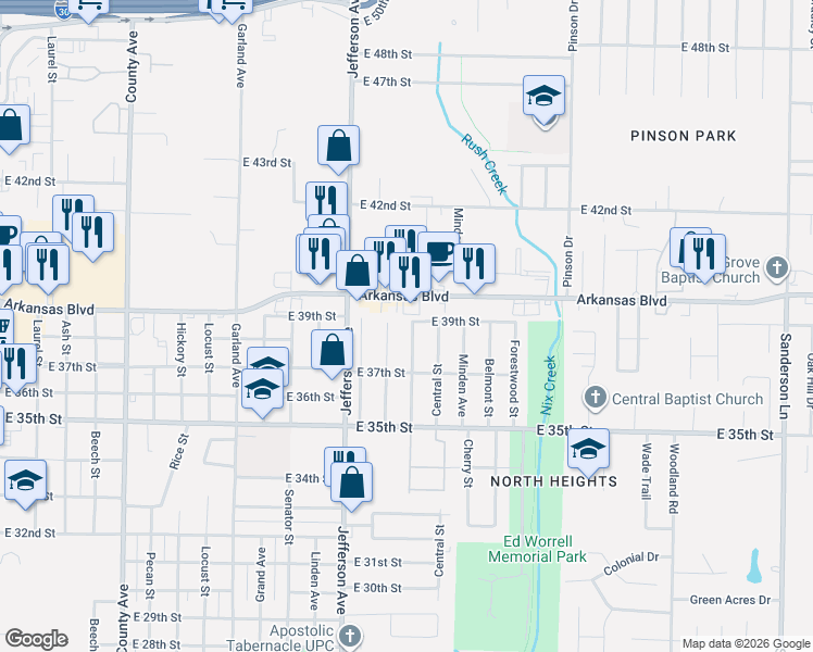 map of restaurants, bars, coffee shops, grocery stores, and more near 3706 Greenwood Avenue in Texarkana