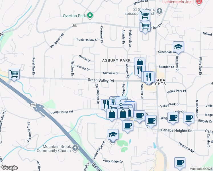 map of restaurants, bars, coffee shops, grocery stores, and more near 4025 Meadowview Circle in Vestavia Hills