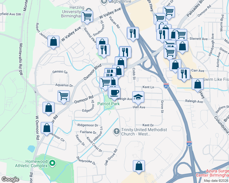 map of restaurants, bars, coffee shops, grocery stores, and more near 104 Raleigh Avenue in Birmingham