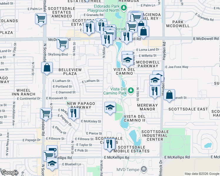 map of restaurants, bars, coffee shops, grocery stores, and more near 1075 North Miller Road in Scottsdale