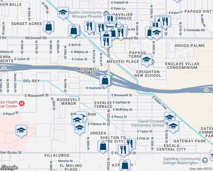 map of restaurants, bars, coffee shops, grocery stores, and more near 1030 North 32nd Street in Phoenix