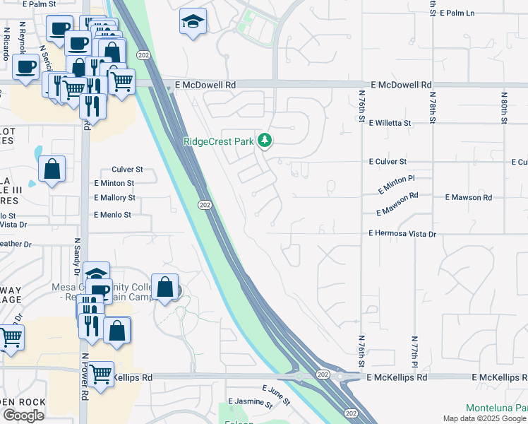 map of restaurants, bars, coffee shops, grocery stores, and more near 7313 East Mallory Circle in Mesa