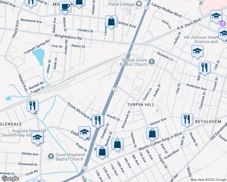 map of restaurants, bars, coffee shops, grocery stores, and more near 1635 15th Street in Augusta