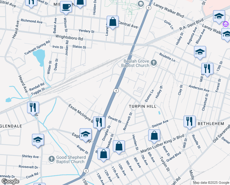 map of restaurants, bars, coffee shops, grocery stores, and more near 1635 15th Street in Augusta