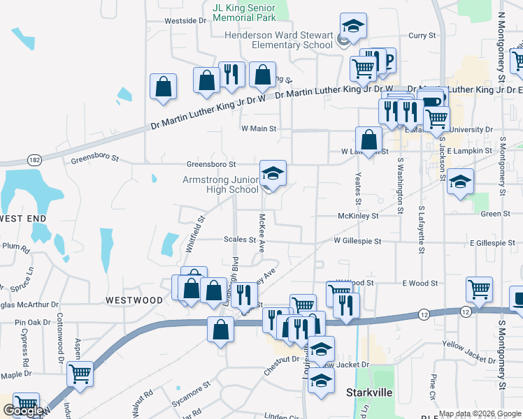map of restaurants, bars, coffee shops, grocery stores, and more near 398 McKee Avenue in Starkville