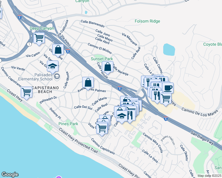 map of restaurants, bars, coffee shops, grocery stores, and more near 26961 Avenida Las Palmas in Dana Point