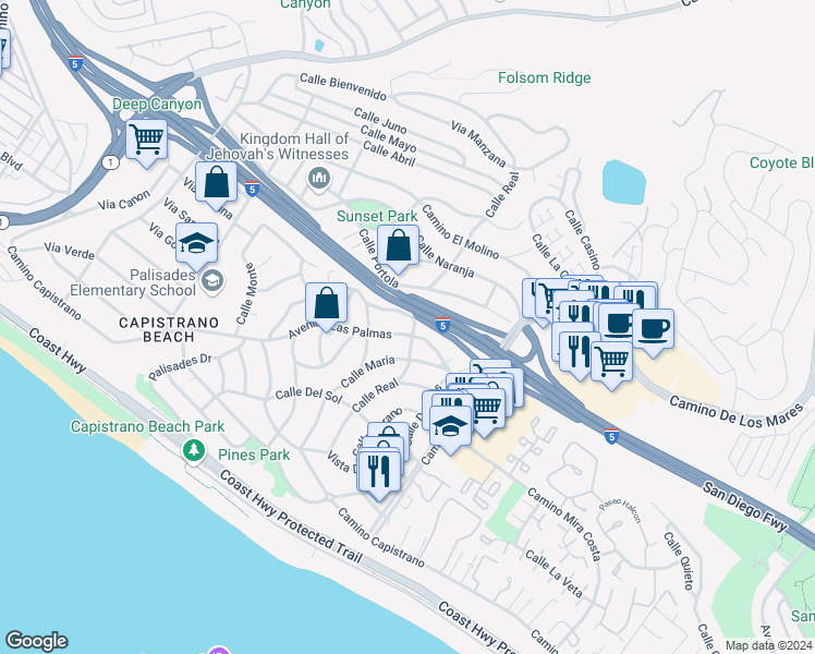 map of restaurants, bars, coffee shops, grocery stores, and more near 26951 Avenida Las Palmas in Dana Point