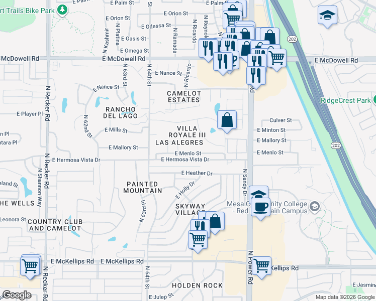 map of restaurants, bars, coffee shops, grocery stores, and more near 6514 East Mills Street in Mesa