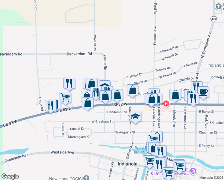 map of restaurants, bars, coffee shops, grocery stores, and more near 610 Marie Road in Indianola