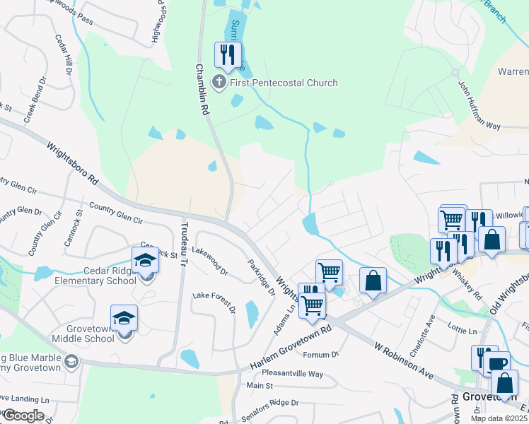 map of restaurants, bars, coffee shops, grocery stores, and more near 231 Lynbrook Way in Grovetown