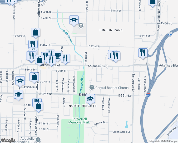 map of restaurants, bars, coffee shops, grocery stores, and more near 3808 Eastwood Drive in Texarkana