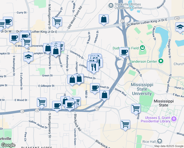 map of restaurants, bars, coffee shops, grocery stores, and more near 106 Maxwell Street in Starkville