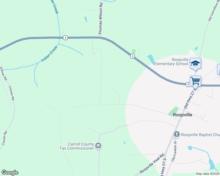 map of restaurants, bars, coffee shops, grocery stores, and more near 305 West Drive in Roopville