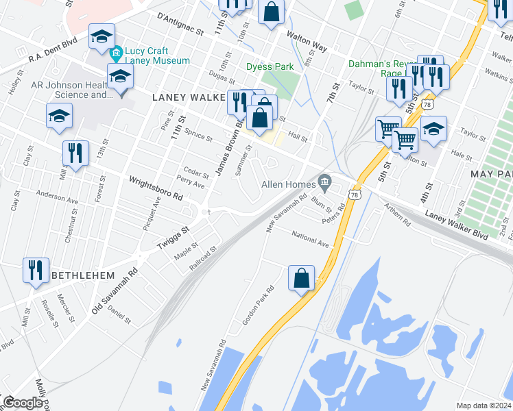 map of restaurants, bars, coffee shops, grocery stores, and more near 801 Spruce Street in Augusta
