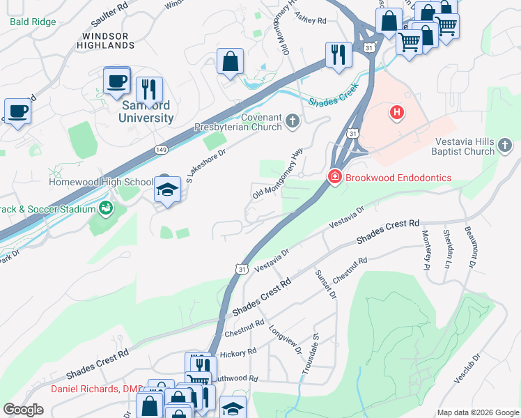 map of restaurants, bars, coffee shops, grocery stores, and more near 175 Old Montgomery Highway in Birmingham