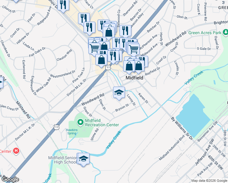map of restaurants, bars, coffee shops, grocery stores, and more near 147 Brookwood Road East in Birmingham