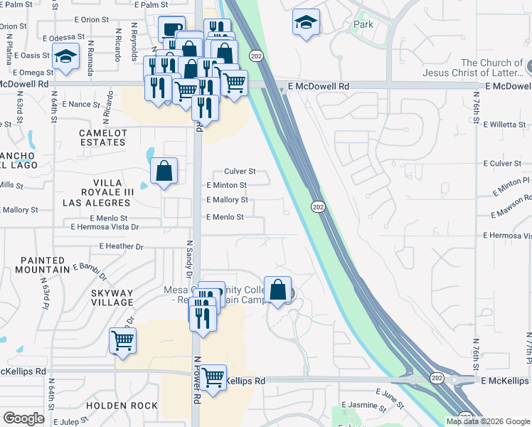 map of restaurants, bars, coffee shops, grocery stores, and more near 7050 East Mallory Street in Mesa