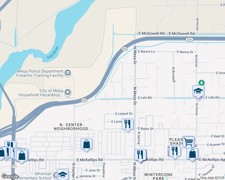 map of restaurants, bars, coffee shops, grocery stores, and more near 246 East Lehi Road in Mesa