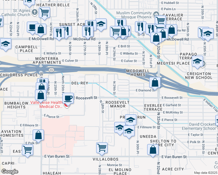 map of restaurants, bars, coffee shops, grocery stores, and more near 1105 North 28th Place in Phoenix