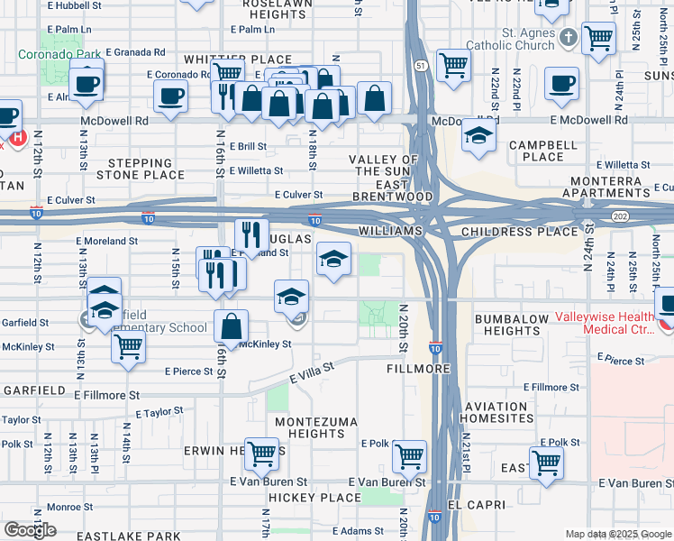 map of restaurants, bars, coffee shops, grocery stores, and more near 1817 East Portland Street in Phoenix