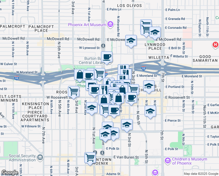 map of restaurants, bars, coffee shops, grocery stores, and more near in Phoenix