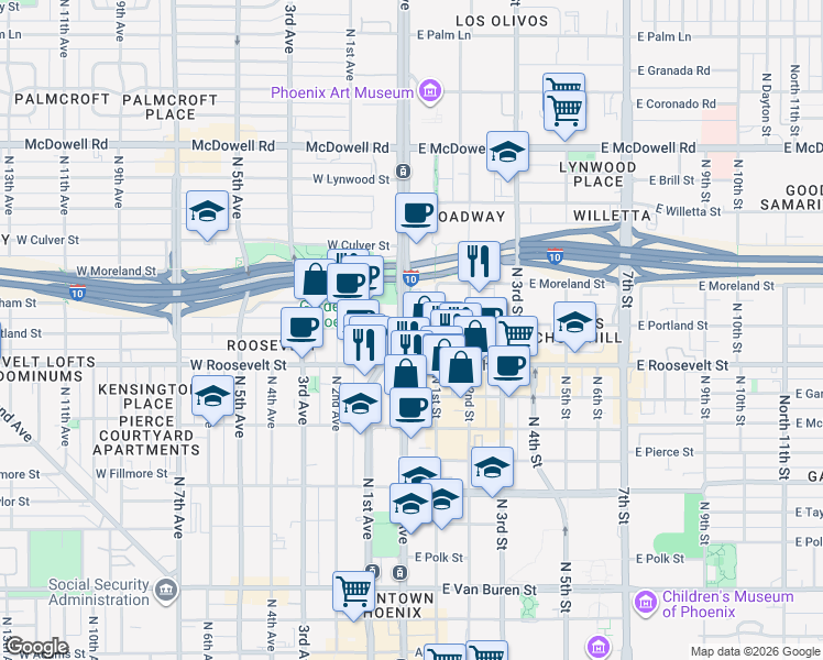 map of restaurants, bars, coffee shops, grocery stores, and more near 1102 North Central Avenue in Phoenix