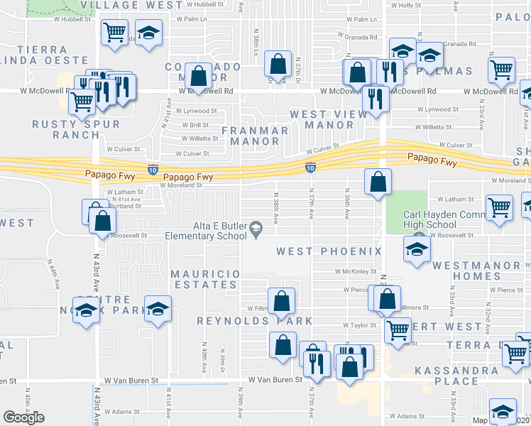map of restaurants, bars, coffee shops, grocery stores, and more near 3815 West Latham Street in Phoenix