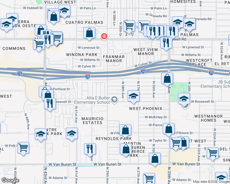map of restaurants, bars, coffee shops, grocery stores, and more near 3809 West Latham Street in Phoenix