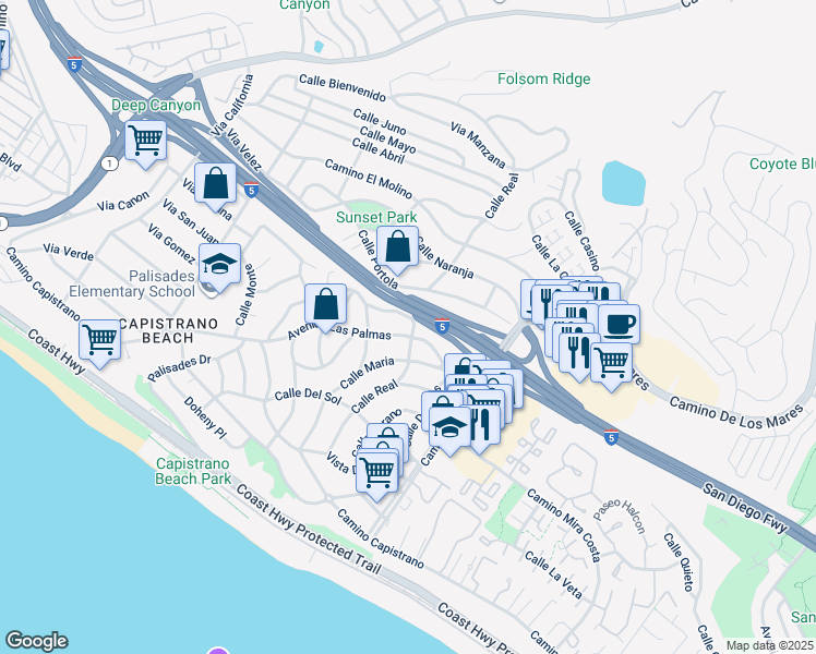 map of restaurants, bars, coffee shops, grocery stores, and more near 34595 Calle Paloma in Dana Point