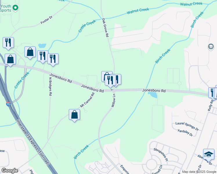 map of restaurants, bars, coffee shops, grocery stores, and more near 1084 Jonesboro Road in McDonough