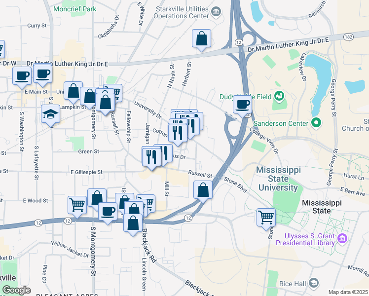 map of restaurants, bars, coffee shops, grocery stores, and more near 1001 Cotton Row in Starkville