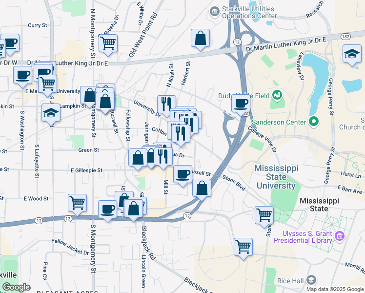 map of restaurants, bars, coffee shops, grocery stores, and more near 1001 Cotton Row in Starkville
