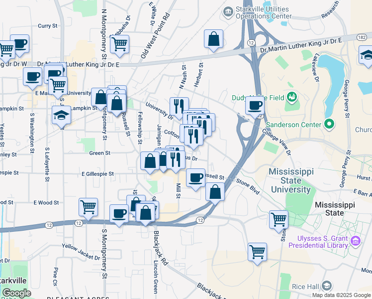 map of restaurants, bars, coffee shops, grocery stores, and more near 1001 Cotton Row in Starkville