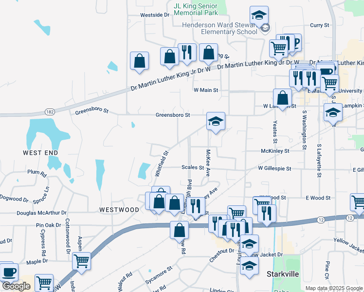 map of restaurants, bars, coffee shops, grocery stores, and more near 530 Whitfield Street in Starkville