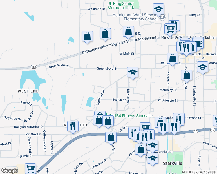 map of restaurants, bars, coffee shops, grocery stores, and more near 606 Whitfield Street in Starkville