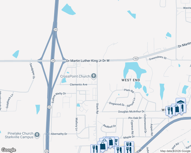 map of restaurants, bars, coffee shops, grocery stores, and more near 801 Stark Road in Starkville