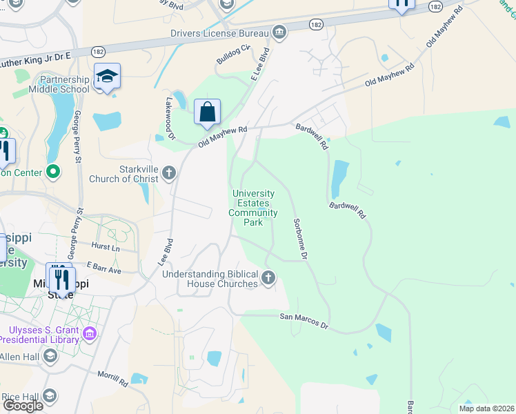 map of restaurants, bars, coffee shops, grocery stores, and more near 1128 Cambridge Drive in Starkville