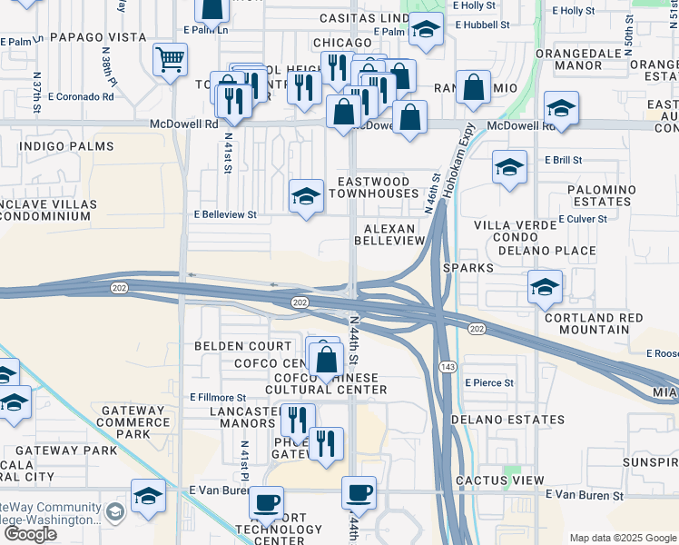 map of restaurants, bars, coffee shops, grocery stores, and more near 1024 North 44th Street in Phoenix