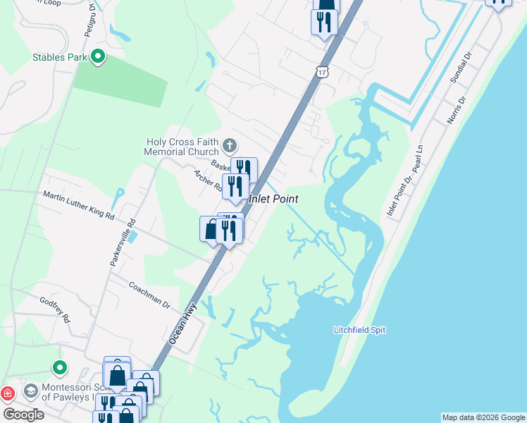 map of restaurants, bars, coffee shops, grocery stores, and more near 137 Windy Lane in Pawleys Island
