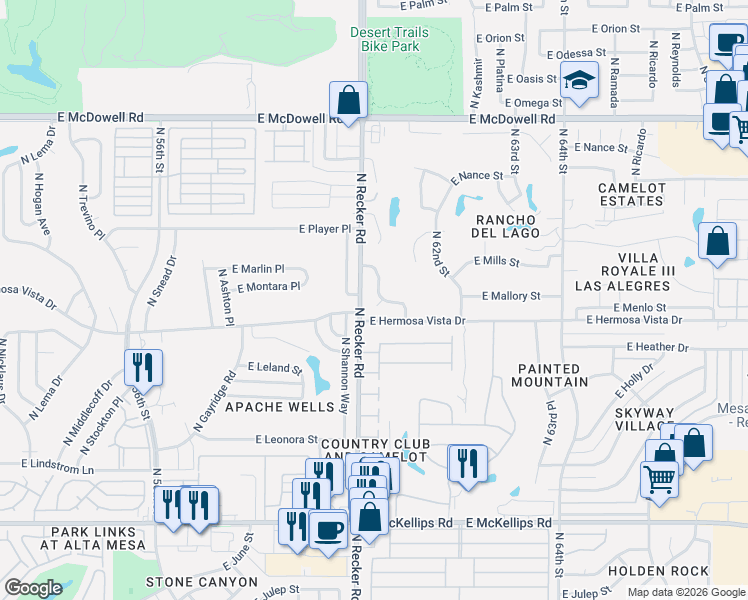 map of restaurants, bars, coffee shops, grocery stores, and more near 2451 North Augusta Drive in Mesa