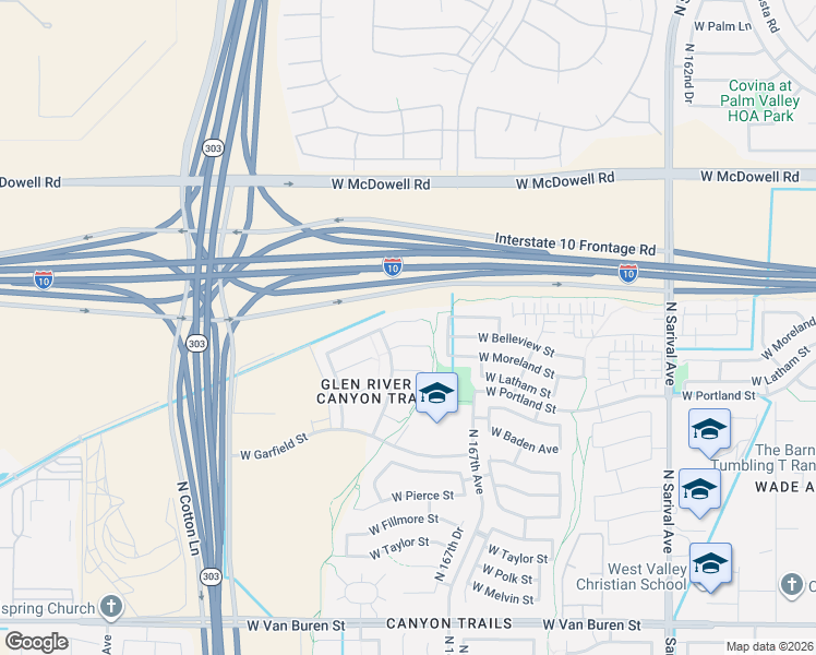 map of restaurants, bars, coffee shops, grocery stores, and more near 16824 West Belleview Street in Goodyear