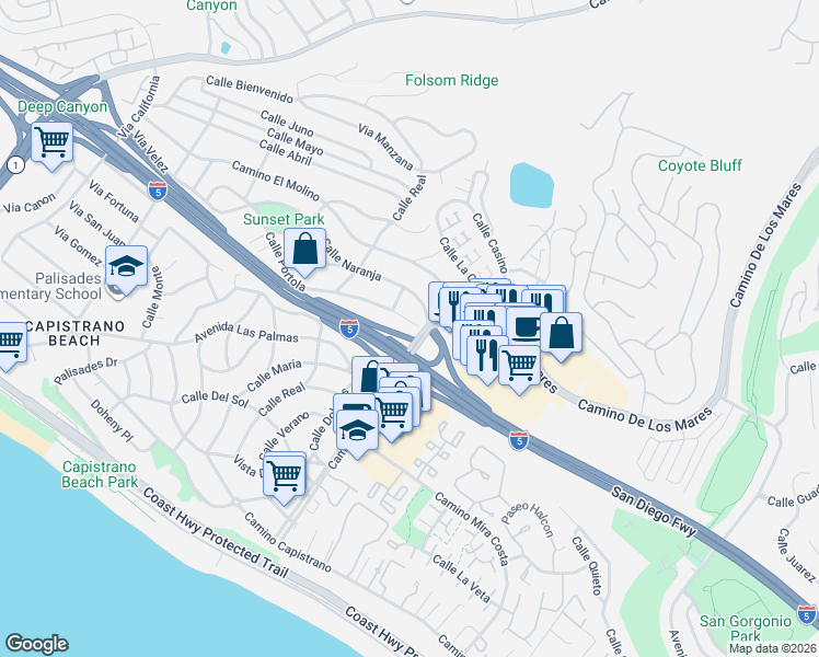 map of restaurants, bars, coffee shops, grocery stores, and more near 34619 Calle Portola in Dana Point