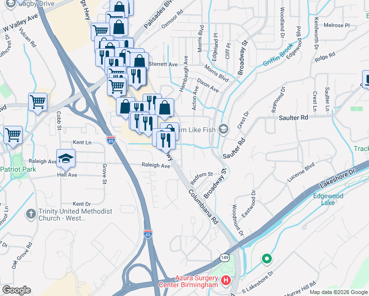 map of restaurants, bars, coffee shops, grocery stores, and more near 813 Columbiana Road in Birmingham